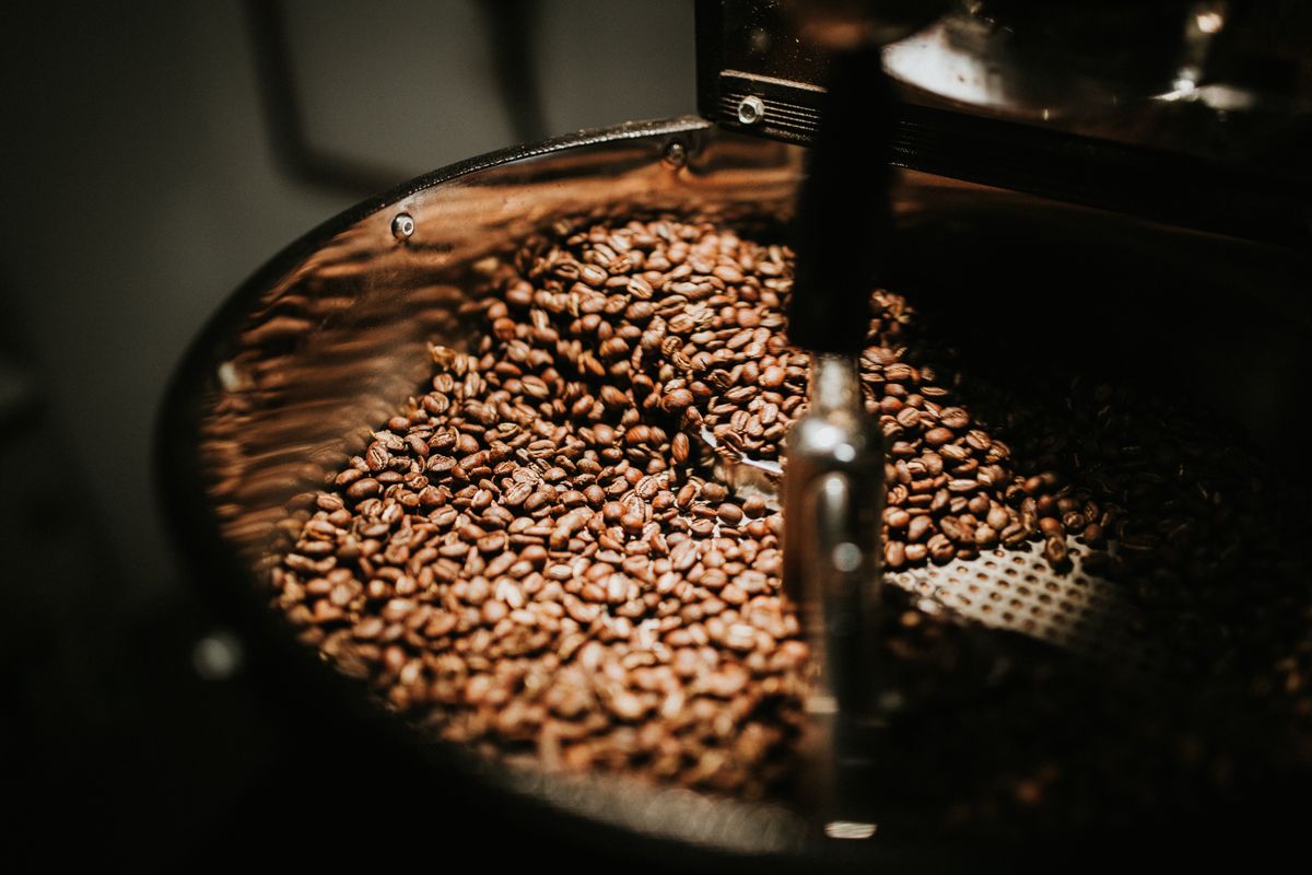 Coffee beans in a production roaster cooling tray